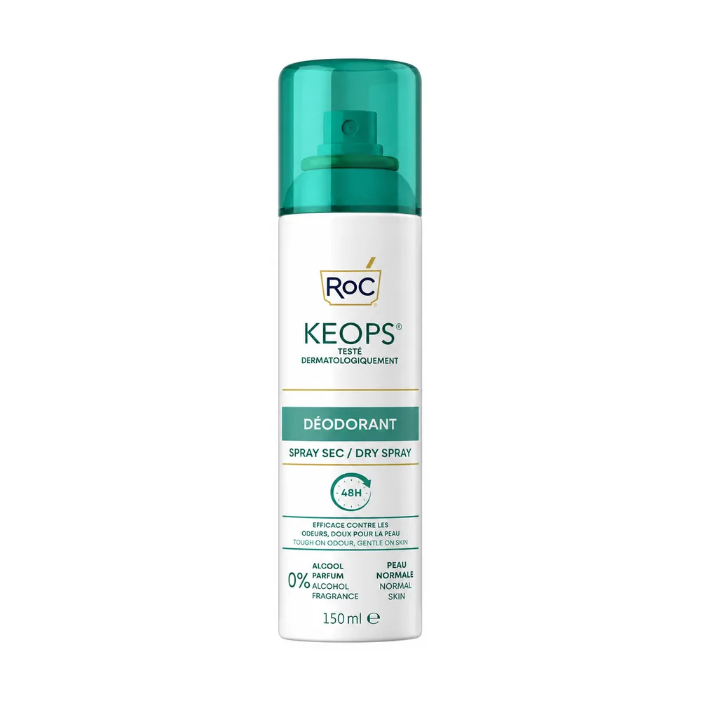 RoC Keops Deodorante Spray Secco 150 ml, flacone spray senza profumo e senza alcool.