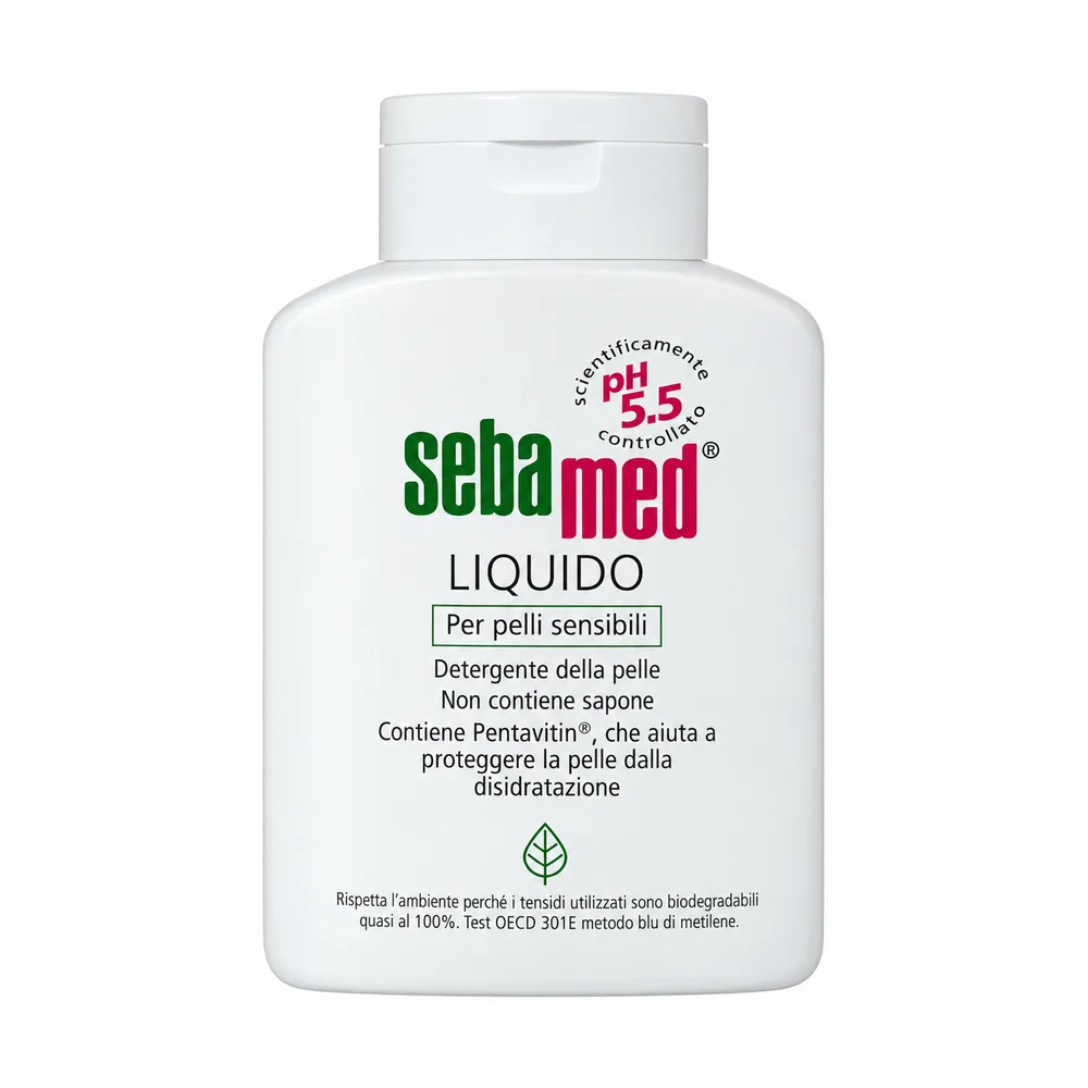 Flacone di Sebamed Liquido 200 ml, detergente viso e corpo a pH 5.5.