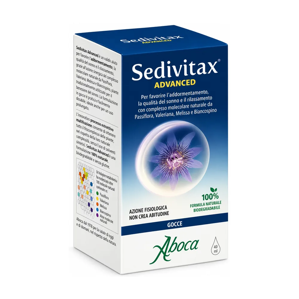 Sedivitax Advanced Gocce 30 ml Aboca, integratore di passiflora, valeriana, melissa e biancospino.