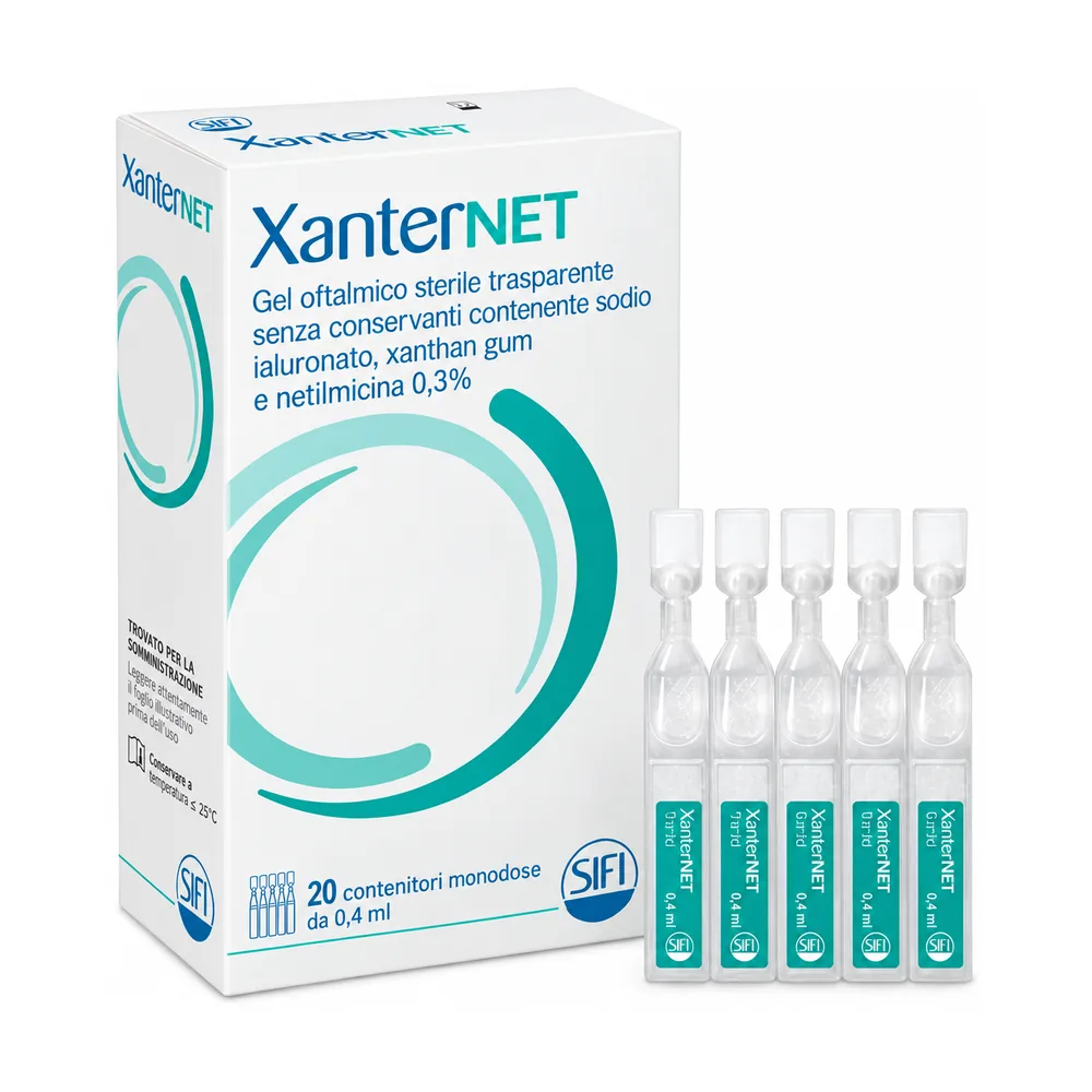 Confezione di Xanternet Gel Oftalmico SIFI da 20 contenitori monodose da 0,4 ml.