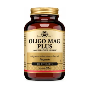 Oligo Mag Plus Solgar, bottiglietta da 100 tavolette di magnesio bisglicinato chelato.