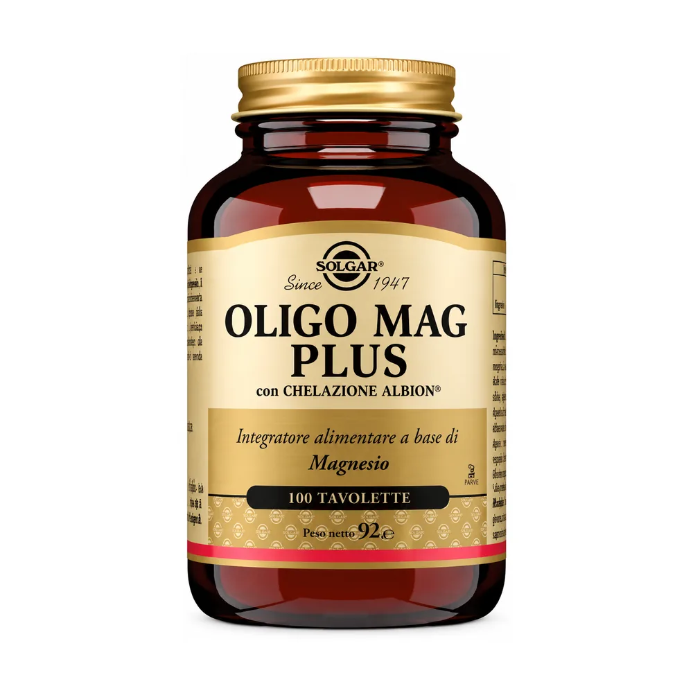 Oligo Mag Plus Solgar, bottiglietta da 100 tavolette di magnesio bisglicinato chelato.