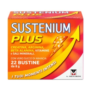 Sustenium Plus 22 bustine, integratore con creatina, arginina e vitamine gusto arancia.
