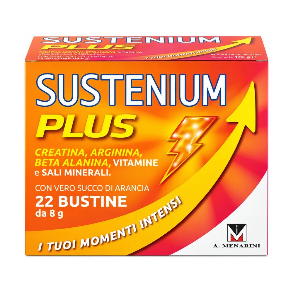 Sustenium Plus 22 bustine, integratore con creatina, arginina e vitamine gusto arancia.