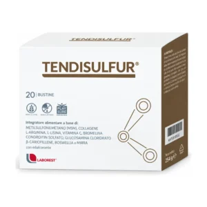Tendisulfur Laborest, astuccio da 20 bustine solubili con MSM, collagene, vitamina C e Boswellia.