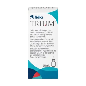 Flacone di Trium Gocce Oculari 10 ml, sostituto lacrimale senza conservanti.
