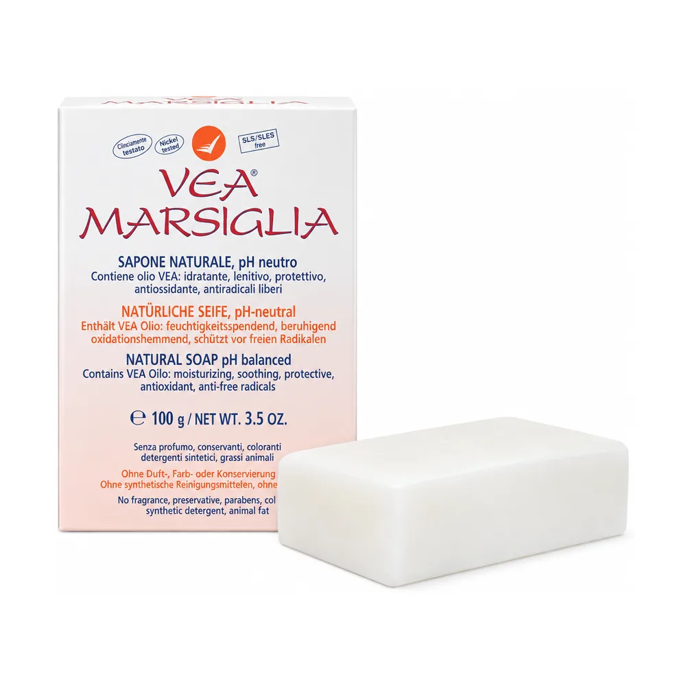 VEA Marsiglia Sapone Naturale 100 g, barra di sapone vegetale con vitamina E acetato.