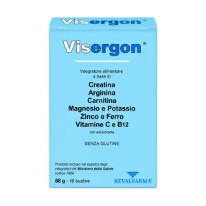Visergon, confezione da 16 bustine con creatina, arginina, carnitina e sali minerali.